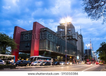 SAO PAULO, BRAZIL, DECEMBER 13: Transit and bus lane in front to The Sao Paulo Museum of Art MASP. The building  is a symbol of Brazil. located on Paulista Avenue in the city of Sao Paulo.