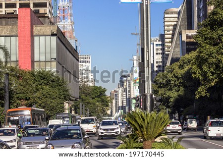 SAO PAULO, BRAZIL, DECEMBER 13: Transit and bus lane in front to The Sao Paulo Museum of Art MASP. The building is a symbol of Brazil. located on Paulista Avenue in the city of Sao Paulo.