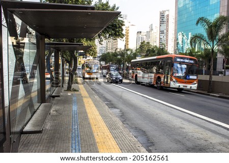SAO PAULO, BRAZIL, JULY 04, 2014. Bus lane in Sao Paulo. Brazil