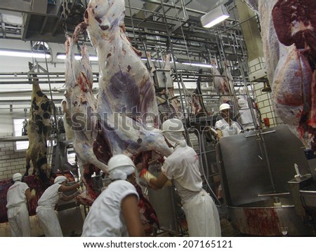 SAO PAULO, BRAZIL, MARCH 09, 2006. Meat processing in food industry