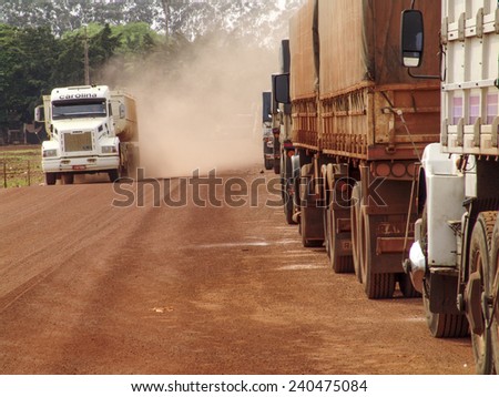 Mato Grosso Brazil, October 01, 2004: Truck stopped in row on a rural road