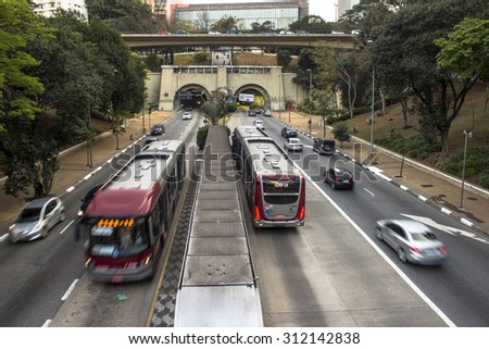 Sao Paulo, Brazil, August 28, 2015. Traffic on Bus Lane in Nove de Julho Avenue, downtown Sao Paulo