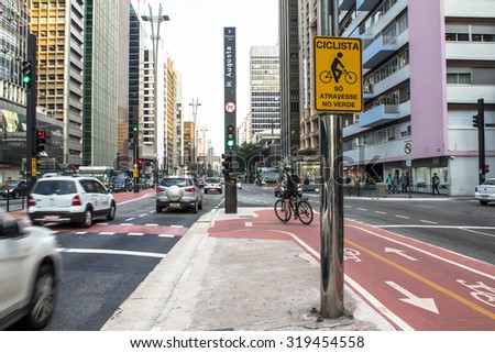 Sao Paulo, Brazil, SP, September 17, 2015. Bicycle path in Paulista Avenue. This is one of the most important thoroughfares of the city of Sao Paulo, one of the main financial centers of the city