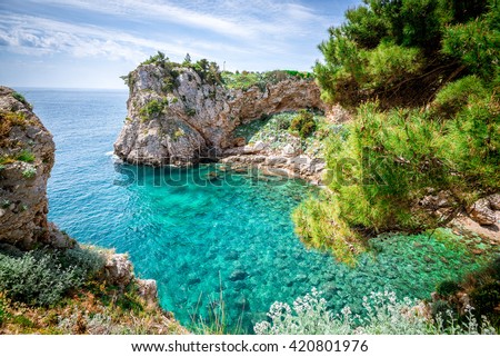 View of Dubrovnik, Croatia coasline. Bay and crystal clear water of Adriatic Sea.