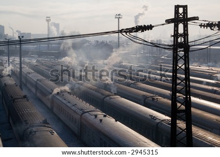 Russia. Train on railway by Kazan railroad station. Moscow. Appearance against tertius transport coil.