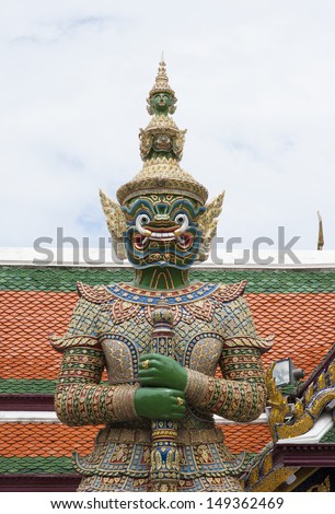 Demon gate guardian at Wat Pra Kaew in bangkok,Public art.Thailand,Public domain.