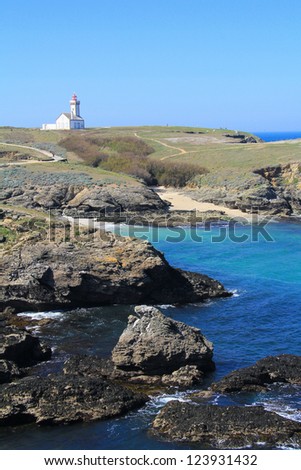 Les Poulaines lighthouse in Belle Ile en Mer , Brittany , France . Vertical landscape