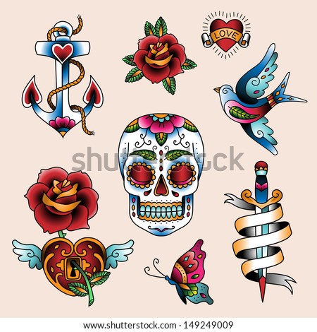 Set of traditional color tattoo elements Set of traditional color tattoo elements