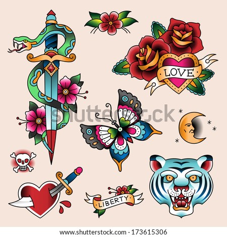 Set of color vintage tattoes for your design Set of color vintage tattoes for your design