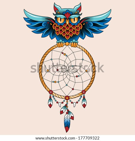 Traditional tattoo owl hold dream catcher symbol Traditional tattoo owl hold dream catcher symbol