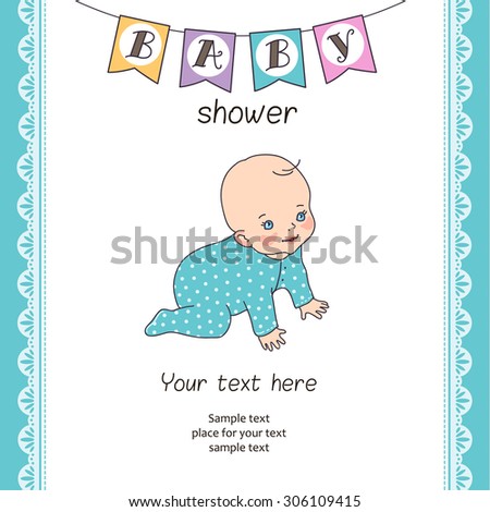 Cute template for card of baby shower with cartoon baby boy.