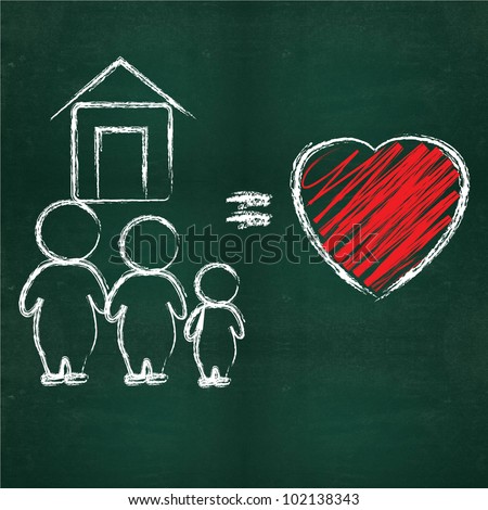 Happy family and heart on blackboard background