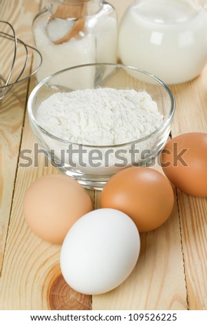 Basic ingredients for dough. Milk, eggs and flour.