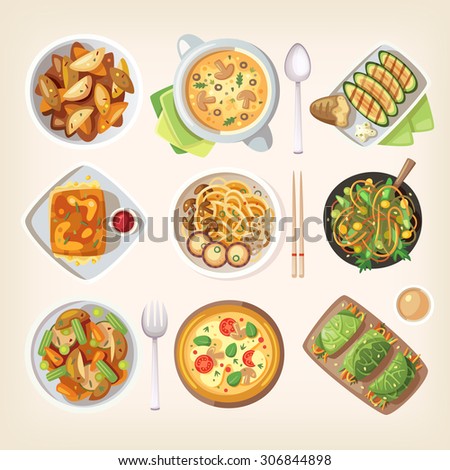 Set of colorful tasty healthy meatless dishes, cooked food from vegetarian cuisine
