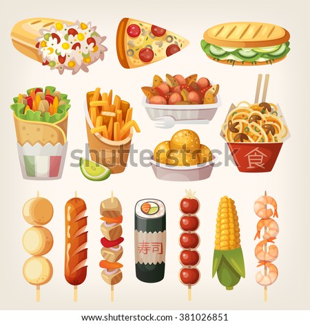 Set of colorful takeaway food that is sold at every corner