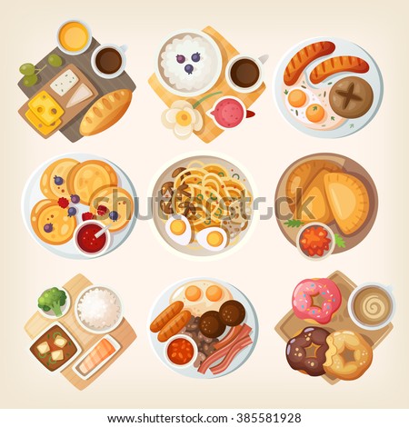 Traditional breakfast dishes from different countries and places: Israel, Iceland, Germany, Russia, Korea, Venezuela, Japan, Ireland, USA. Vector illustrations.
