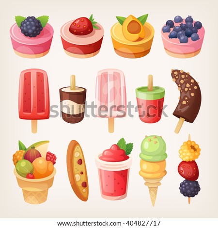 Set of delicious sweets and desserts with fruits. Isolated vector objects.