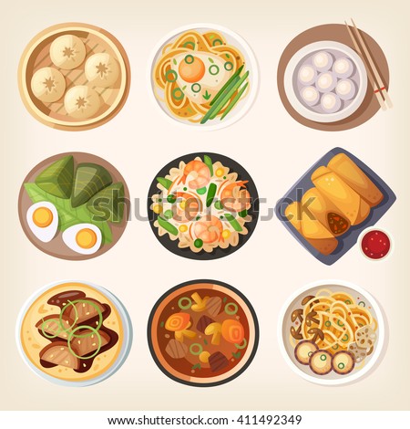 Chinese street, restaurant or homemade food icons for ethnic menu
