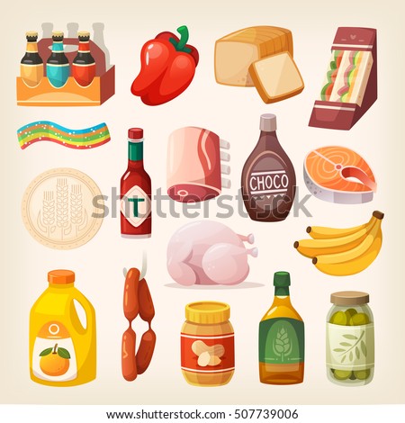 Everyday goods and food products and to buy at butcher, grocery store, liquor store and at supermarket. Isolated eating icons for healthy lifestyle. Canned and packed food and desserts
