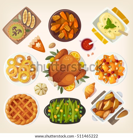 Traditional thanksgiving dinner table closeup. Top view on classic thanksgiving eating. Holiday food on a table view from above. Pilgrim cuisine dishes with stuffed turkey, apple pie and pumpkin pie