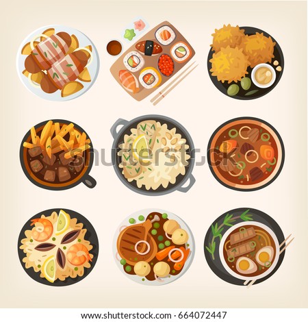 Dinner table closeup. Top view on classic dinner dishes from different countries of the world. Food from national cuisines on a table. View from above.  Vector illustrations