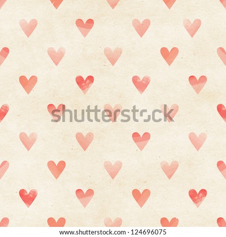 Seamless Watercolor Heart Pattern On Paper Texture. Valentine\'S Day Background