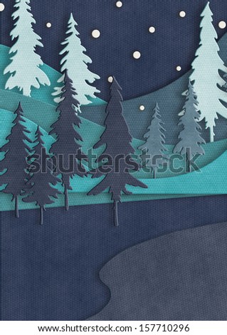 Christmas card template. Paper cut Christmas design. Paper art winter landscape