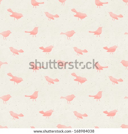 Seamless water-color birds pattern on paper texture.