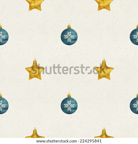Seamless hand illustrated ornaments pattern on paper texture. Christmas background.