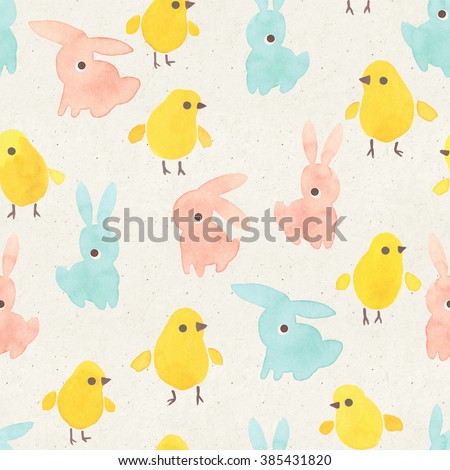 Seamless watercolor pattern on paper texture. Easter themed background.