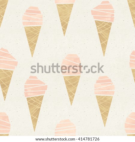 Seamless ice-cream come pattern on paper texture. Watercolor background