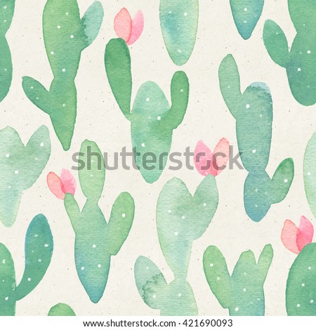 Seamless watercolor cactus pattern on paper texture. Botanical cacti background