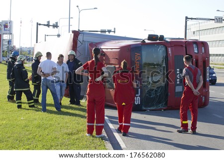 Tallinn, Estonia - June 26: Red Man D20 trailer truck on June26, 2011 in Tallinn, Estonia. Lorry trailer car crash