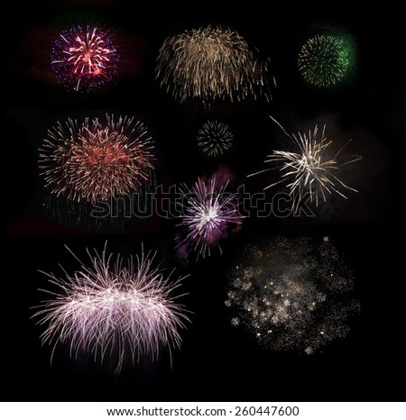 Fireworks set. Brightly colorful fireworks in the night sky