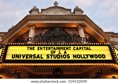 Los Angeles - Dec 26, 2009: Universal Studios, The Entrance Of A Vintage Movie Theater In Hollywood With Signs On Neon Lights
