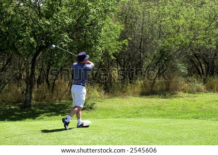 Golfer in striped shirt playing from the tee box.