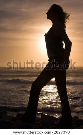 Silhouette of a blonde woman with long hair at sunset by the ocean.