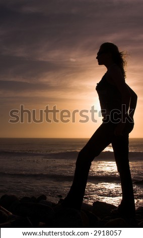 Silhouette of a blonde woman with long hair at sunset by the ocean.