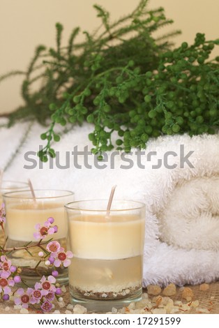 Relaxing spa scene with a white rolled up towel, pink and green flowers, beautiful handmade candles and bath salts