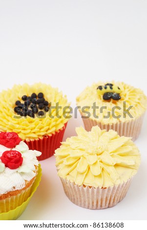 Variety of vanilla cupcakes with various buttercream decorations on white background