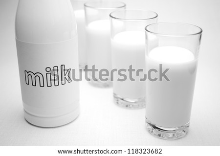 Milk in a glass and a bottle labeled \