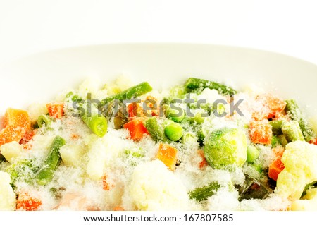 Mixture of frozen vegetables, carrots, peas, broccoli, green beans, Brussels sprouts, cauliflower in white bowl with ice and snow. For background.