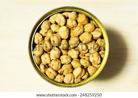 Canned chickpeas in a tin top view