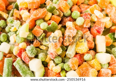 Frozen vegetables: peas, green beans, corn, carrots, peppers. For background