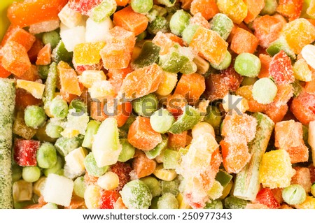 Frozen vegetables: peas, green beans, corn, carrots, peppers. For background