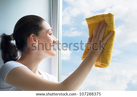 young woman washing windows