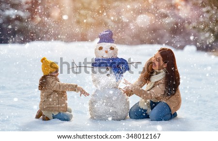 Happy family! Mother and child girl on a winter walk in nature.