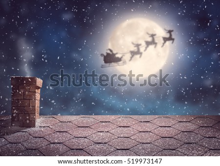 Merry Christmas and happy holidays! Santa Claus flying in his sleigh on background moon sky. Christmas story concept.