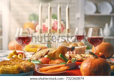 Happy Thanksgiving Day! Autumn feast. Family traditional dinner. Food concept. Celebrate holidays.