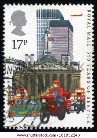 UNITED KINGDOM - CIRCA 1983: A stamp printed in United Kingdom Show the Royal Mail 350 Years of Service with Datapost Motorcyclist and City of London, circa 1983.